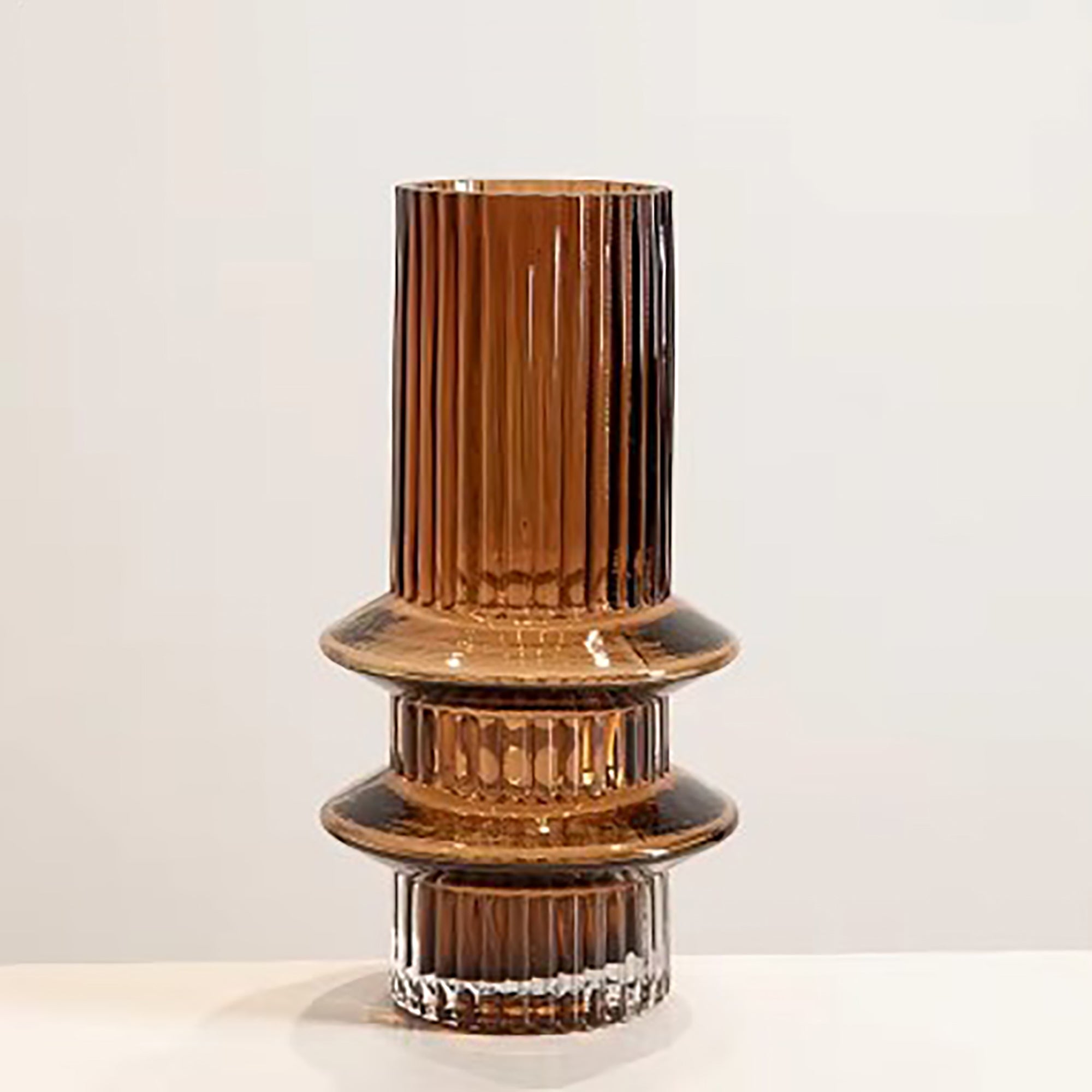 Ribbed Layered Tall Glass Vase-Medium-Amber-1